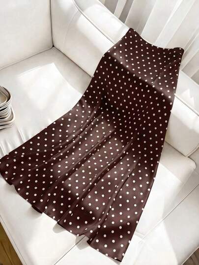 Women's Polka Dot Skirt, Spring/Summer Casual Vacation Skirt, Elegant High Waist Fitted Skirt, Party Brown, French Girl Style